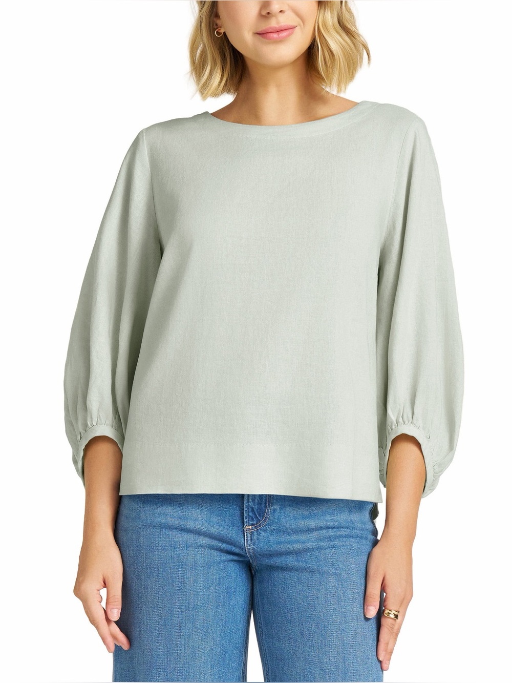 Matty M Linen Blend Balloon Sleeve Blouse Green XL